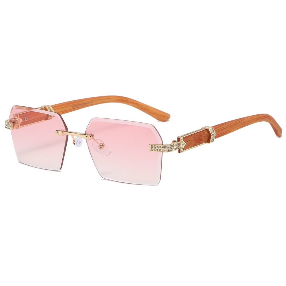 Hip Hop Women Men Sunglasses Pink Rimless Luxury Retro Shades Gold Metal Diamond